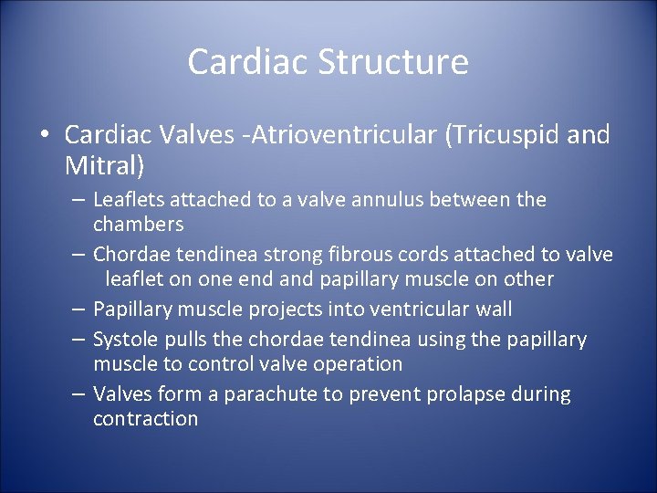 Cardiac Structure • Cardiac Valves -Atrioventricular (Tricuspid and Mitral) – Leaflets attached to a