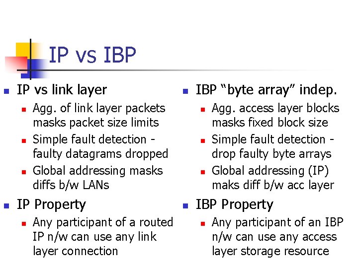IP vs IBP n IP vs link layer n n Agg. of link layer