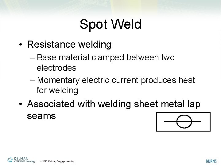 Spot Weld • Resistance welding – Base material clamped between two electrodes – Momentary