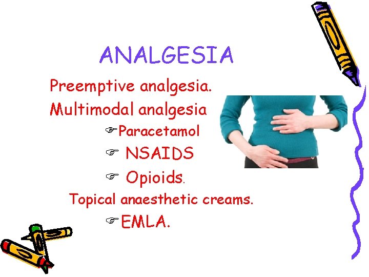 ANALGESIA Preemptive analgesia. Multimodal analgesia Paracetamol NSAIDS Opioids. Topical anaesthetic creams. EMLA. 