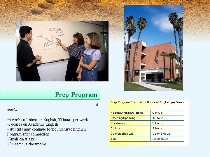 Prep Program 6 weeks • 6 weeks of Intensive English, 23 hours per week.