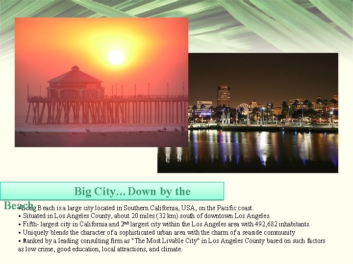 Big City…Down by the Beach • Long Beach is a large city located in