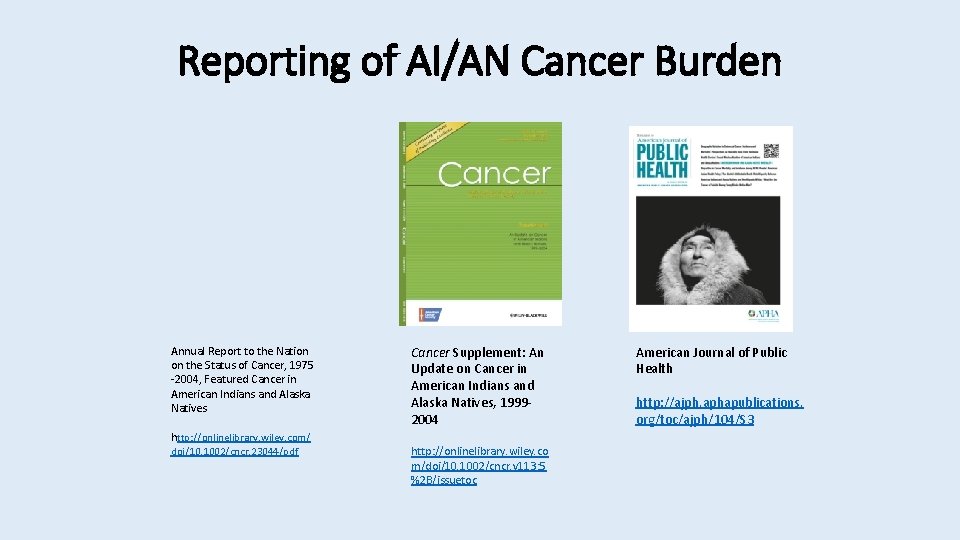 Reporting of AI/AN Cancer Burden Annual Report to the Nation on the Status of