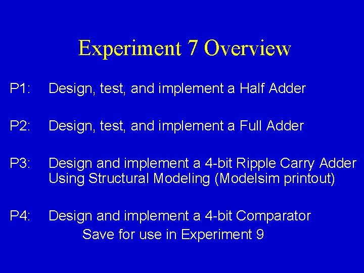 Experiment 7 Overview P 1: Design, test, and implement a Half Adder P 2: