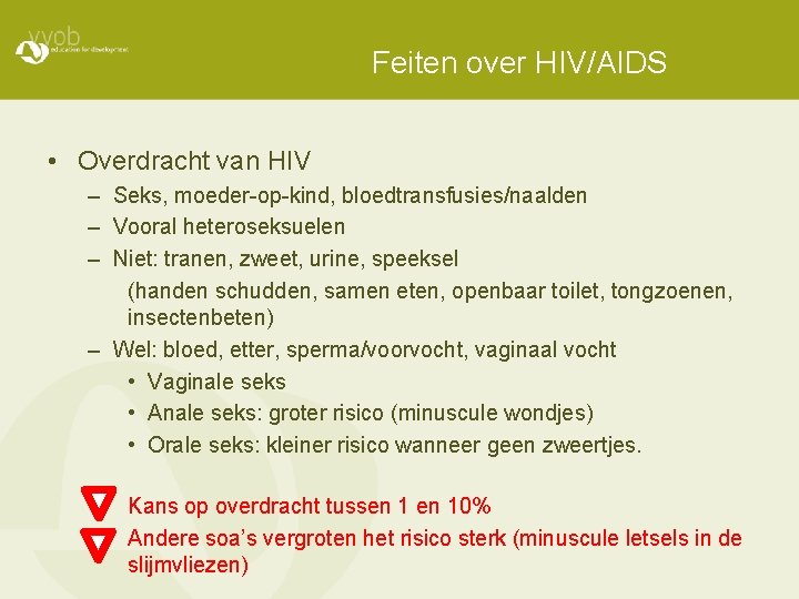 Feiten over HIV/AIDS • Overdracht van HIV – Seks, moeder-op-kind, bloedtransfusies/naalden – Vooral heteroseksuelen