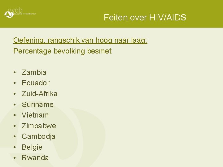 Feiten over HIV/AIDS Oefening: rangschik van hoog naar laag: Percentage bevolking besmet • •