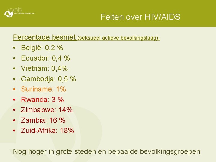 Feiten over HIV/AIDS Percentage besmet (seksueel actieve bevolkingslaag): • België: 0, 2 % •