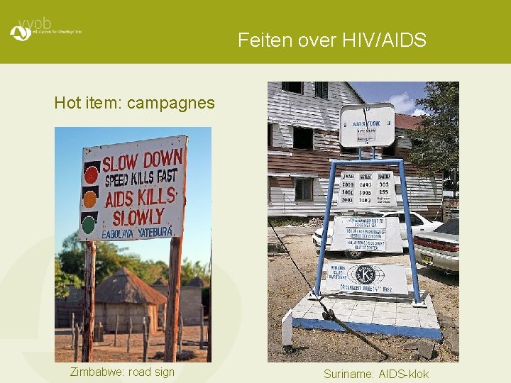Feiten over HIV/AIDS Hot item: campagnes Zimbabwe: road sign Suriname: AIDS-klok 