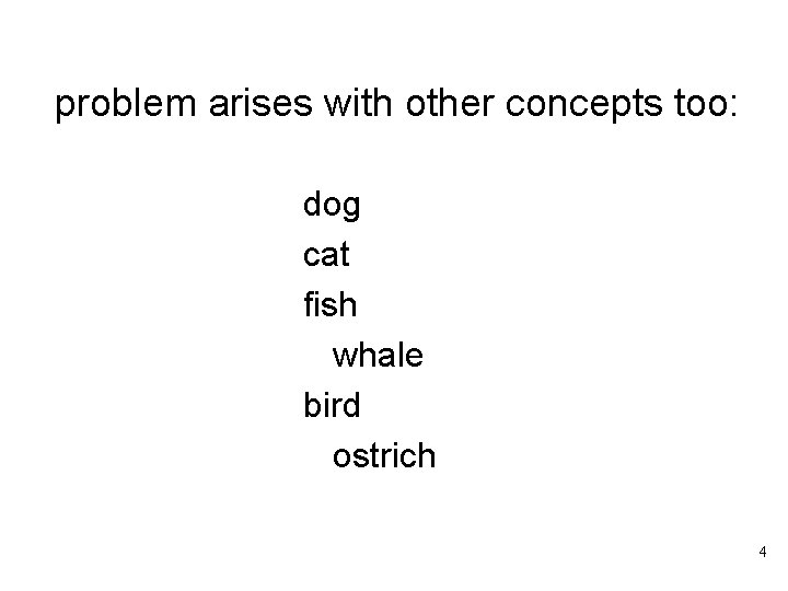 problem arises with other concepts too: dog cat fish whale bird ostrich 4 