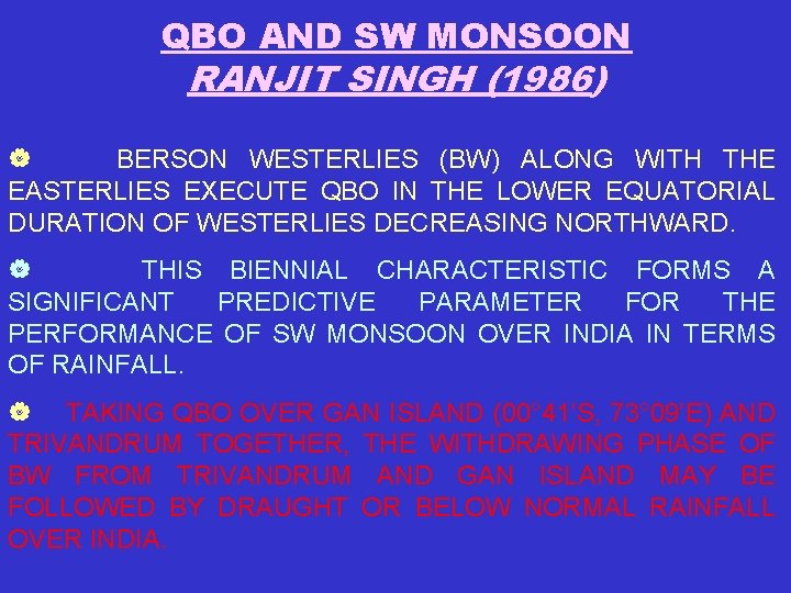 QBO AND SW MONSOON RANJIT SINGH (1986) | BERSON WESTERLIES (BW) ALONG WITH THE