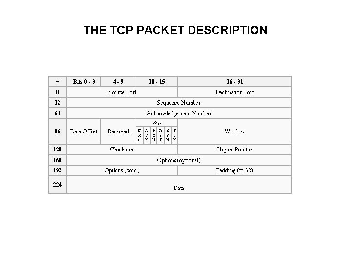 THE TCP PACKET DESCRIPTION + Bits 0 - 3 0 4 -9 10 -