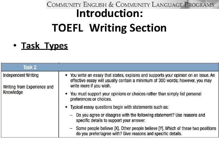 Introduction: TOEFL Writing Section • Task Types 
