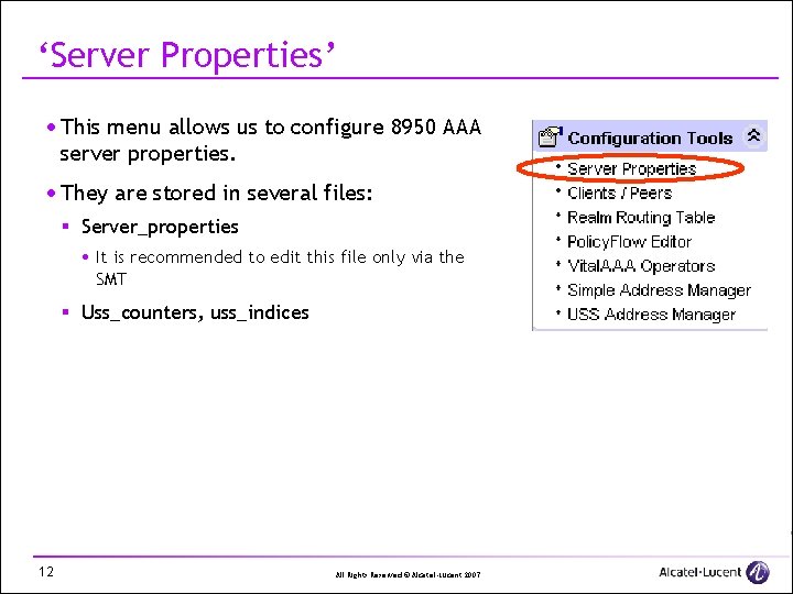 ‘Server Properties’ · This menu allows us to configure 8950 AAA server properties. ·