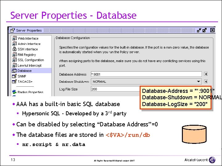 Server Properties - Database · AAA has a built-in basic SQL database Database-Address =