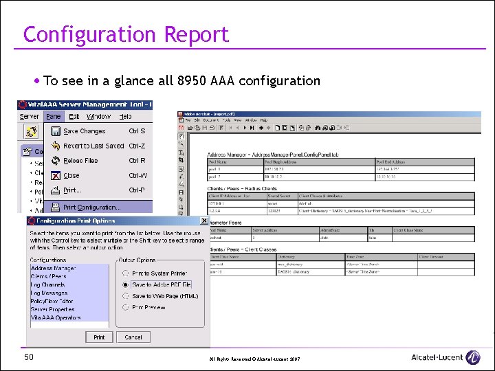 Configuration Report · To see in a glance all 8950 AAA configuration 50 All