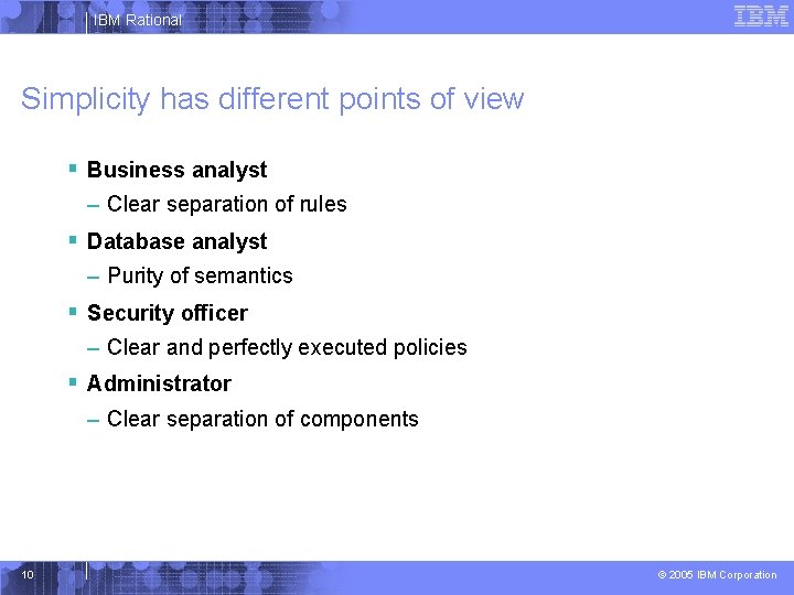 IBM Rational Simplicity has different points of view § Business analyst – Clear separation