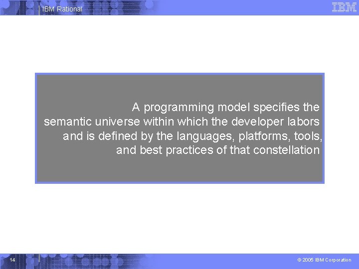 IBM Rational A programming model specifies the semantic universe within which the developer labors