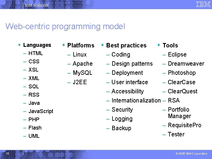 IBM Rational Web-centric programming model § Languages § Tools – HTML – Linux –