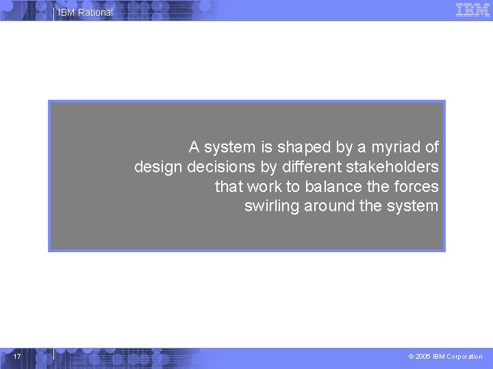 IBM Rational A system is shaped by a myriad of design decisions by different