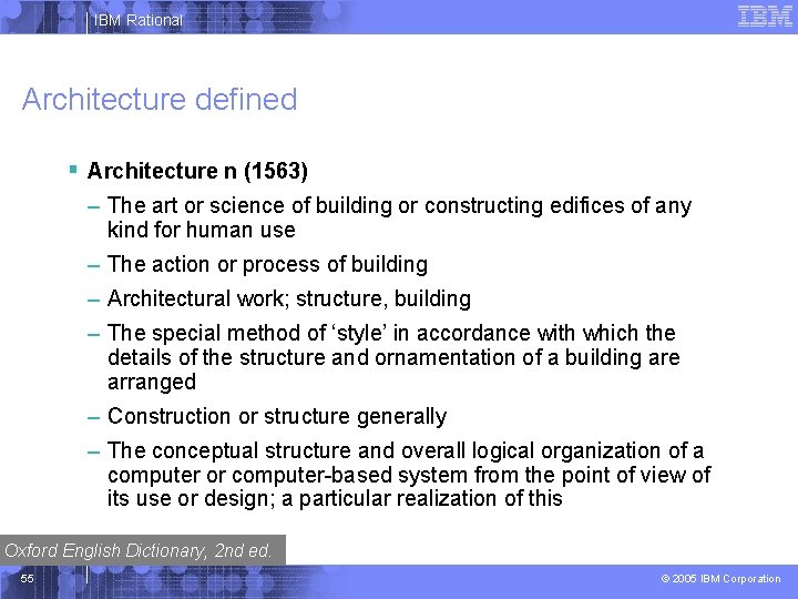 IBM Rational Architecture defined § Architecture n (1563) – The art or science of