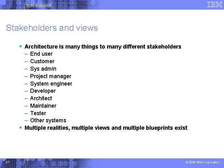 IBM Rational Stakeholders and views § Architecture is many things to many different stakeholders