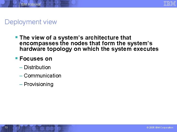 IBM Rational Deployment view § The view of a system’s architecture that encompasses the