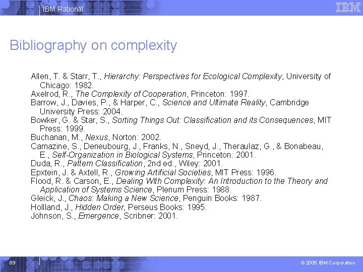 IBM Rational Bibliography on complexity Allen, T. & Starr, T. , Hierarchy: Perspectives for