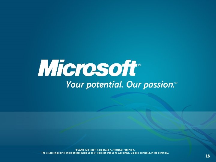 © 2005 Microsoft Corporation. All rights reserved. This presentation is for informational purposes only. © 2005 Microsoft Corporation. All rights reserved. This presentation is for informational purposes only.
