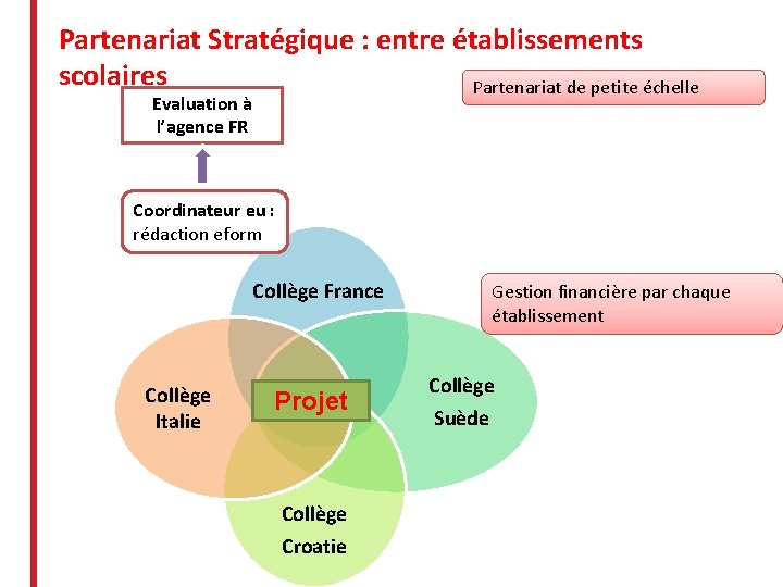 Partenariat Stratégique : entre établissements scolaires Partenariat de petite échelle Evaluation à l’agence FR