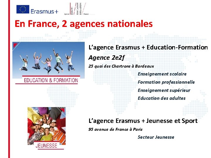 En France, 2 agences nationales L’agence Erasmus + Education-Formation Agence 2 e 2 f