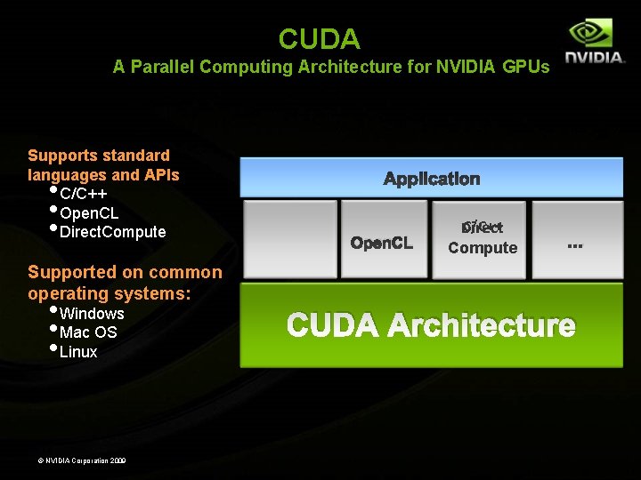 CUDA A Parallel Computing Architecture for NVIDIA GPUs Supports standard languages and APIs C/C++ CUDA A Parallel Computing Architecture for NVIDIA GPUs Supports standard languages and APIs C/C++