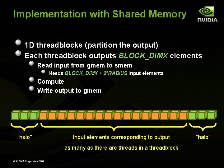 Implementation with Shared Memory 1 D threadblocks (partition the output) Each threadblock outputs BLOCK_DIMX Implementation with Shared Memory 1 D threadblocks (partition the output) Each threadblock outputs BLOCK_DIMX