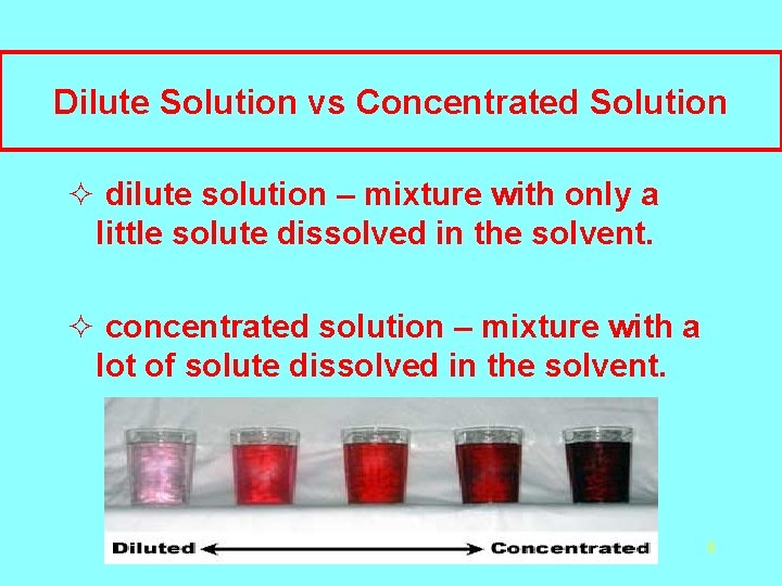 Dilute Solution vs Concentrated Solution ² dilute solution – mixture with only a little