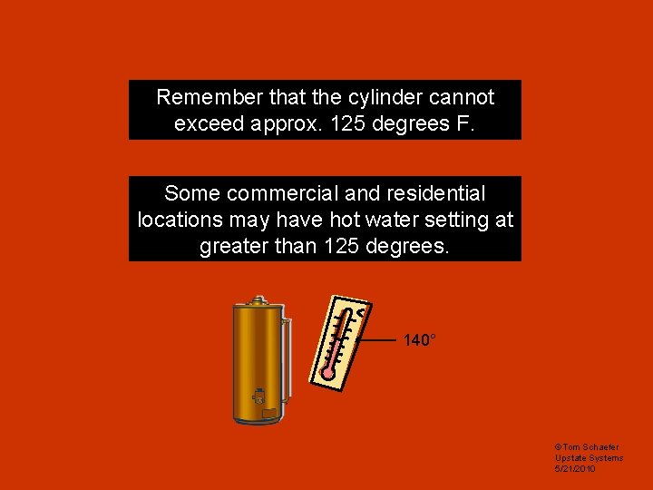 Remember that the cylinder cannot exceed approx. 125 degrees F. Some commercial and residential