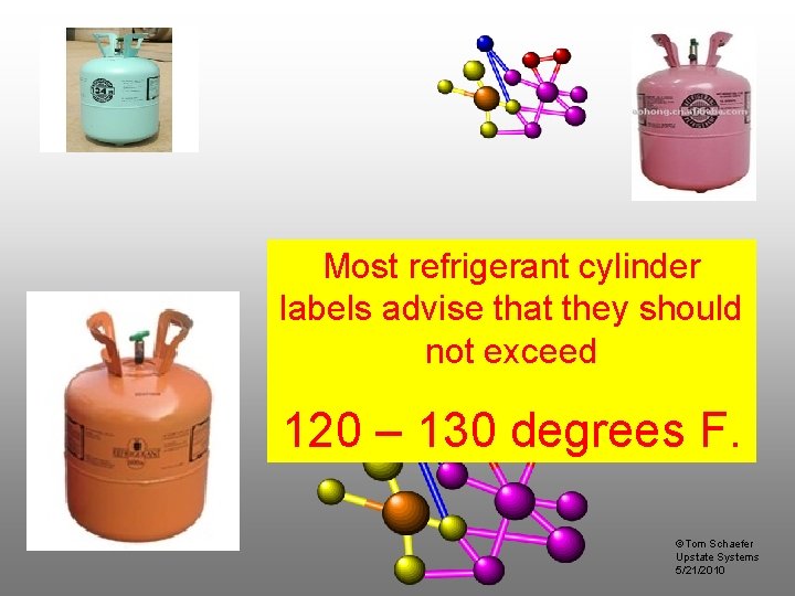 Most refrigerant cylinder labels advise that they should not exceed 120 – 130 degrees