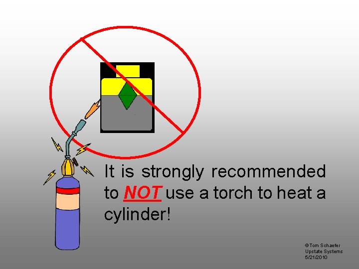 It is strongly recommended to NOT use a torch to heat a cylinder! ©Tom