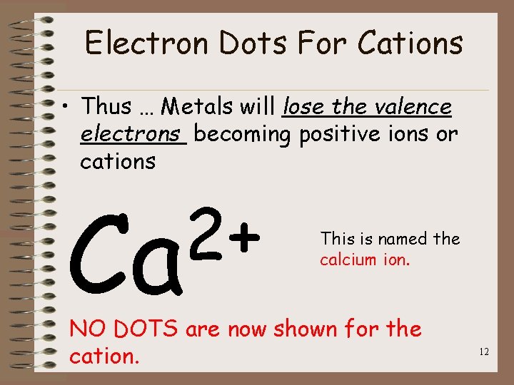 Electron Dots For Cations • Thus … Metals will lose the valence electrons becoming