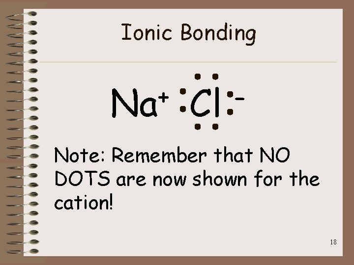 Ionic Bonding + Na Cl - Note: Remember that NO DOTS are now shown
