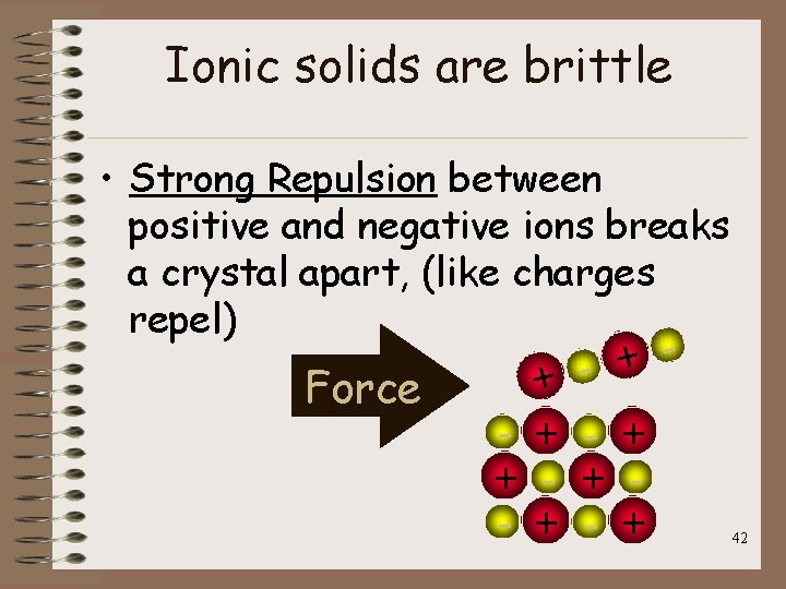 Ionic solids are brittle • Strong Repulsion between positive and negative ions breaks a