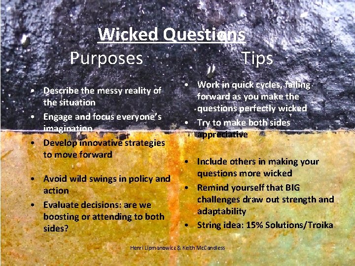 Wicked Questions Purposes Tips • Describe the messy reality of the situation • Engage