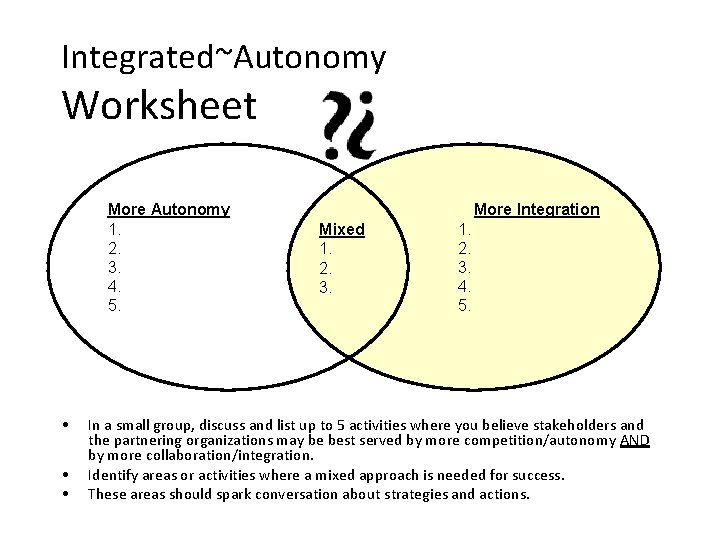 Integrated~Autonomy Worksheet More Autonomy 1. 2. 3. 4. 5. • • • More Integration