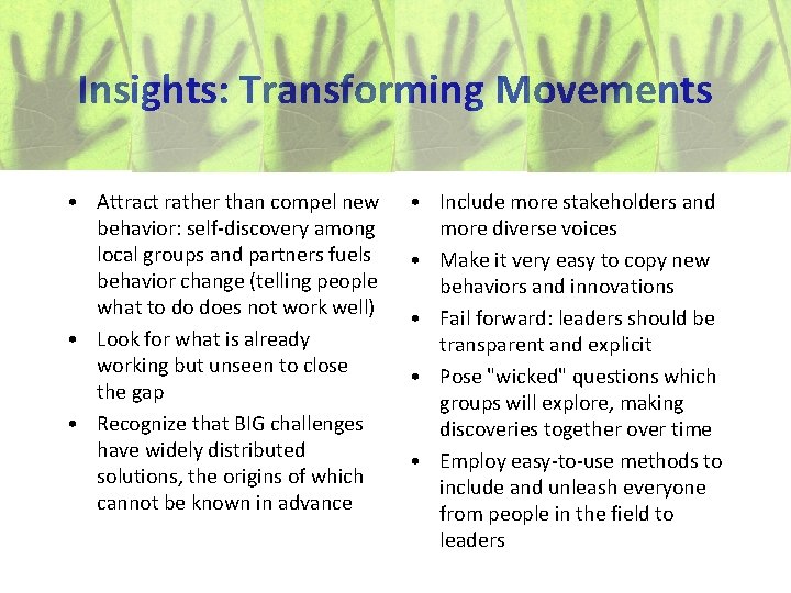 Insights: Transforming Movements • Attract rather than compel new behavior: self-discovery among local groups