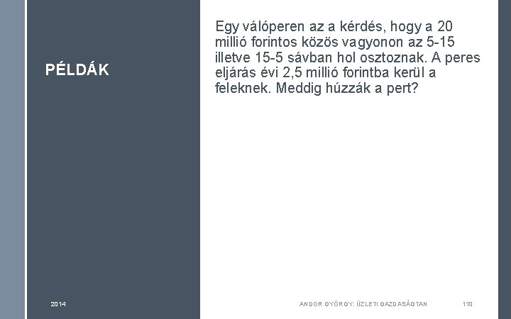 PÉLDÁK 2014 Egy válóperen az a kérdés, hogy a 20 millió forintos közös vagyonon