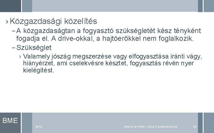 › Közgazdasági közelítés – A közgazdaságtan a fogyasztó szükségletét kész tényként fogadja el. A