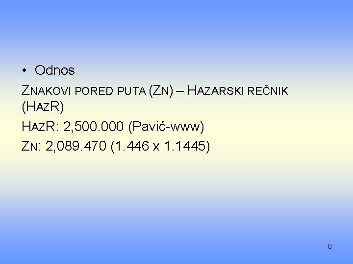  • Odnos ZNAKOVI PORED PUTA (ZN) – HAZARSKI REČNIK (HAZR) HAZR: 2, 500.