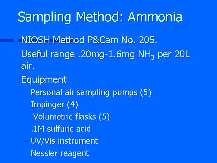 Sampling Method: Ammonia NIOSH Method P&Cam No. 205. n Useful range. 20 mg-1. 6