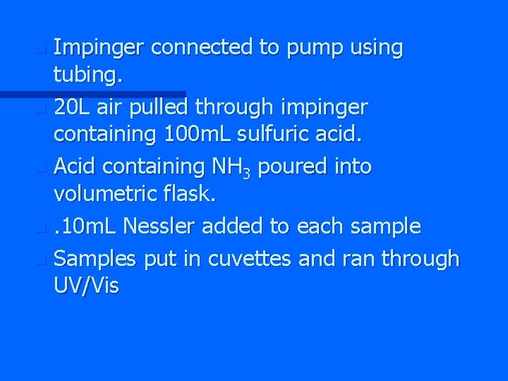 Impinger connected to pump using tubing. n 20 L air pulled through impinger containing