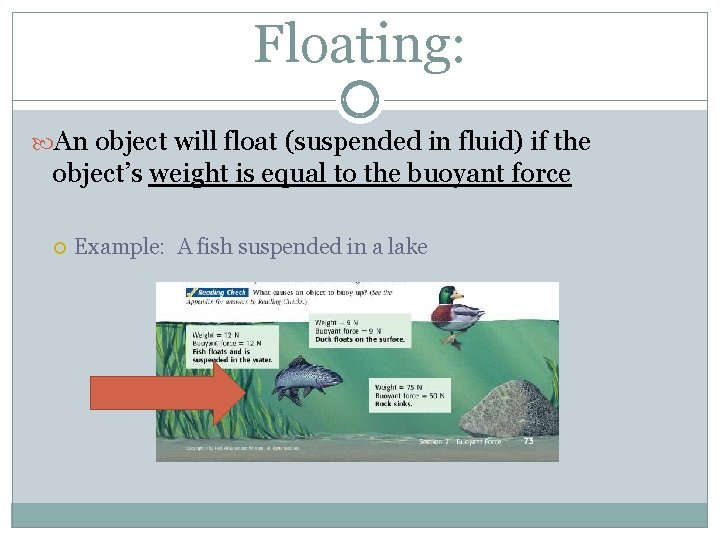 Floating: An object will float (suspended in fluid) if the object’s weight is equal