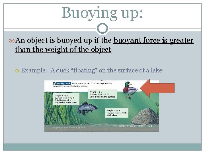 Buoying up: An object is buoyed up if the buoyant force is greater than