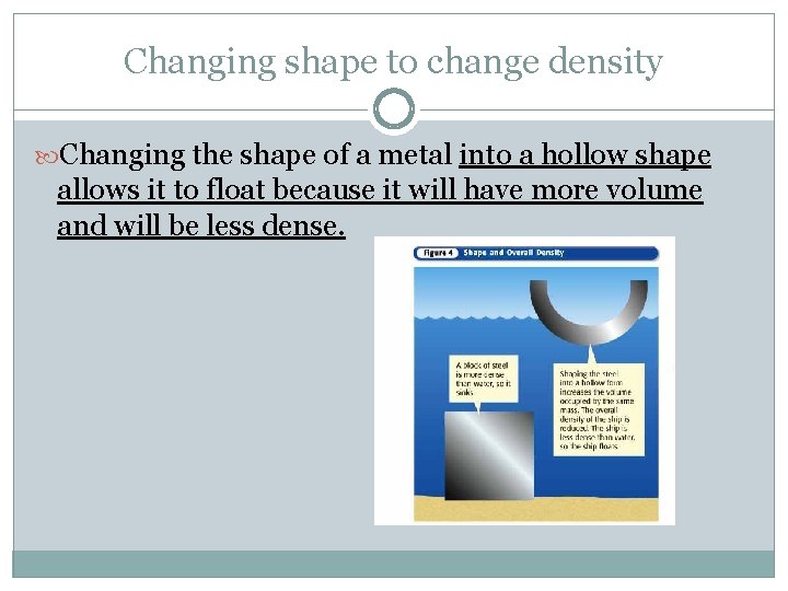 Changing shape to change density Changing the shape of a metal into a hollow